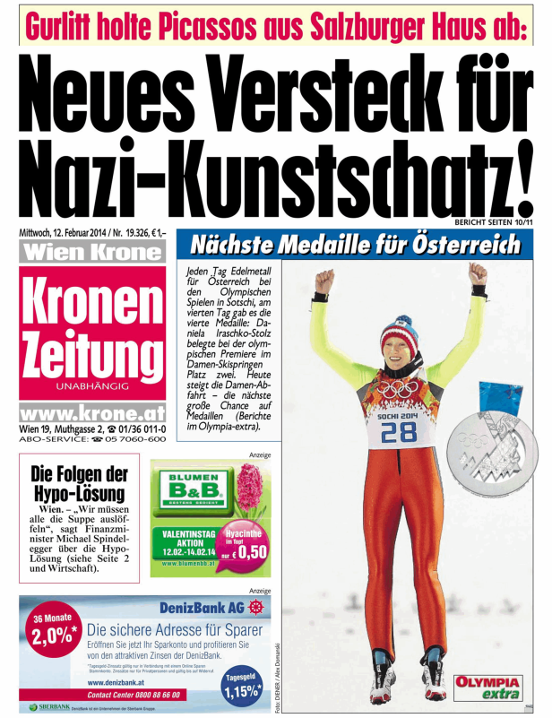 Titelseite der „Kronen Zeitung“ vom 12. Februar 2014 mit Berichten über Olympia und einen Nazi-Kunstschatz.