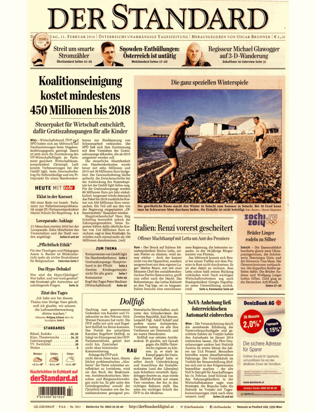 Titelseite der Zeitung „Der Standard“ vom 13. Februar 2014.