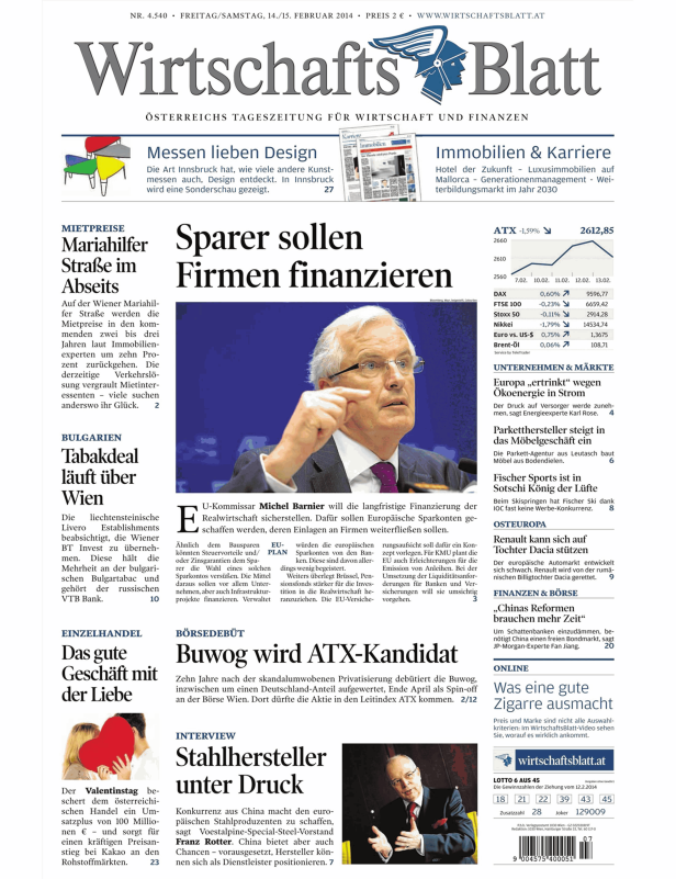 Titelseite des WirtschaftsBlatt vom 14./15. Februar 2014.