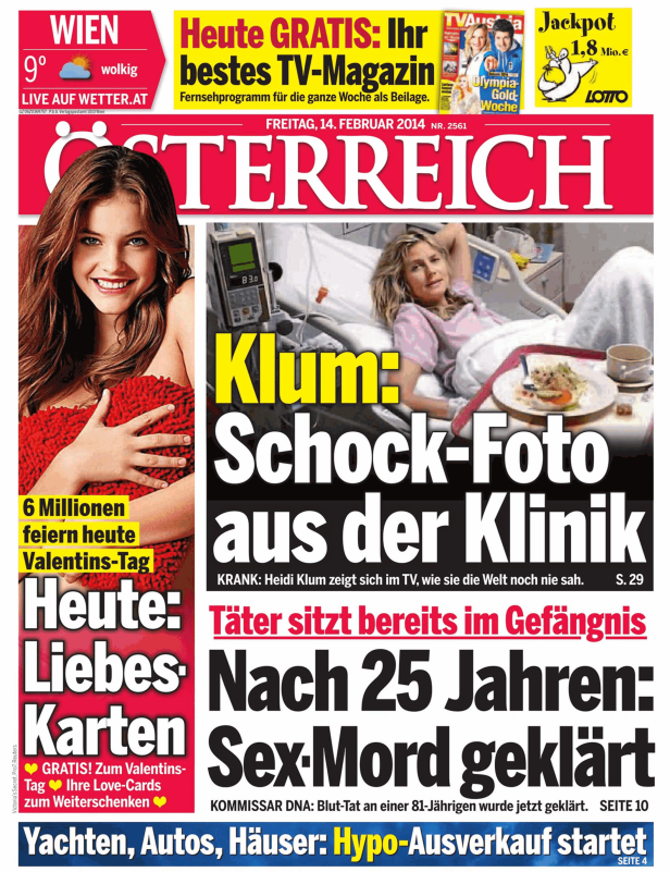 Titelseite der österreichischen Zeitung „Österreich“ vom 14. Februar 2014.