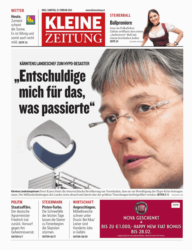 Titelseite der Kleinen Zeitung vom 15. Februar 2014 mit Peter Kaiser.