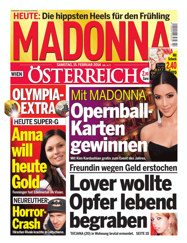 Titelseite der österreichischen Zeitung „Madonna“ vom 15. Februar 2014 mit Kim Kardashian.