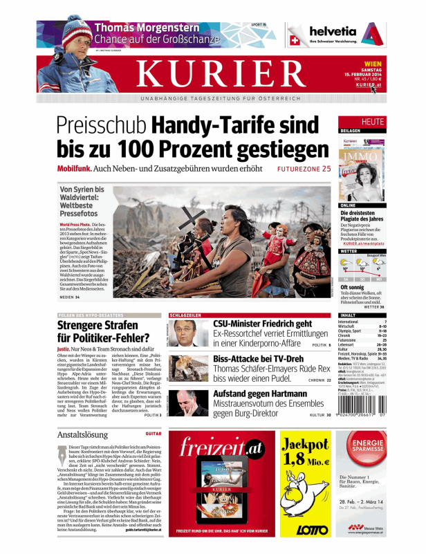 Titelseite des Kurier vom 15. Februar 2014 mit Artikeln zu verschiedenen Themen.