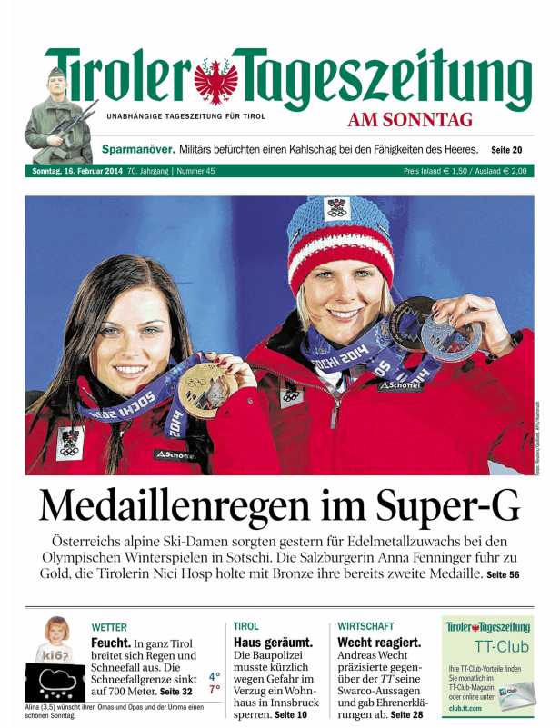 Titelseite der Tiroler Tageszeitung vom 16. Februar 2014 mit einem Artikel über Medaillen im Super-G in Sotschi.