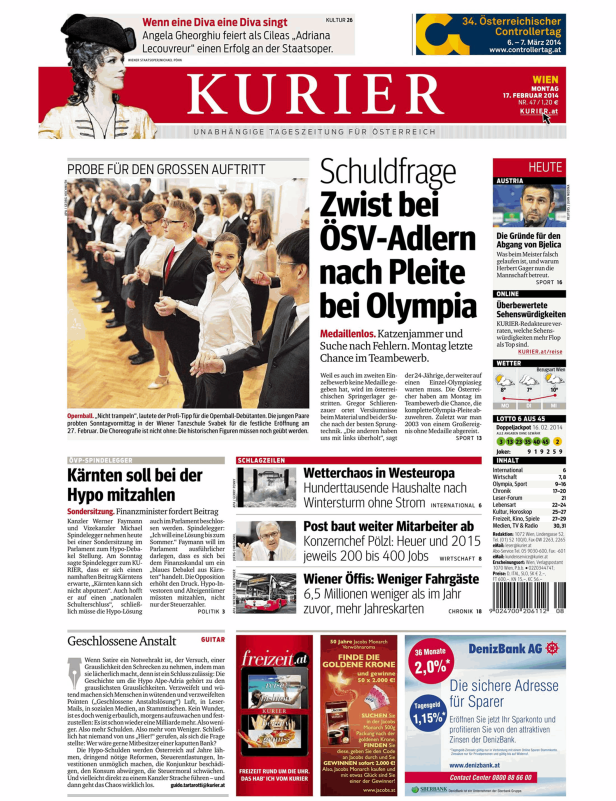 Titelseite des Kurier vom 17. Februar 2014 mit Nachrichten über Politik, Sport und Kultur.