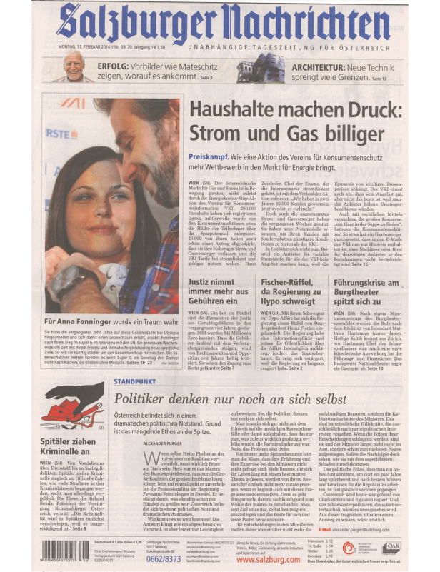 Titelseite der Salzburger Nachrichten vom 17. Februar 2014.
