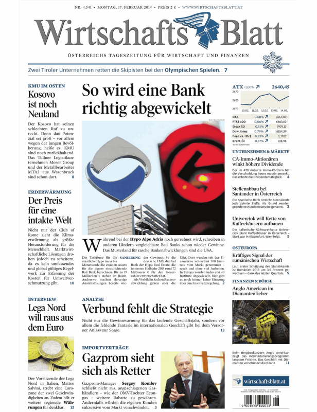 Titelseite des Wirtschaftsblatt vom 17. Februar 2014.