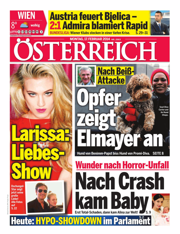 Titelseite der Zeitung „Österreich“ vom 17. Februar 2014 mit Schlagzeilen zu verschiedenen Themen.