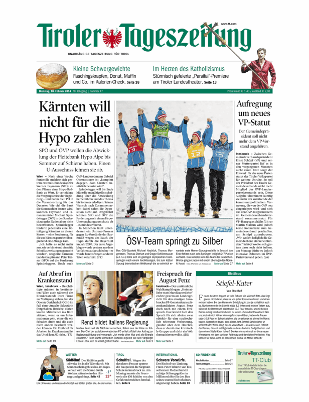 Das ÖSV-Team jubelt über den Gewinn der Silbermedaille im olympischen Teamspringen in Sotschi 2014.