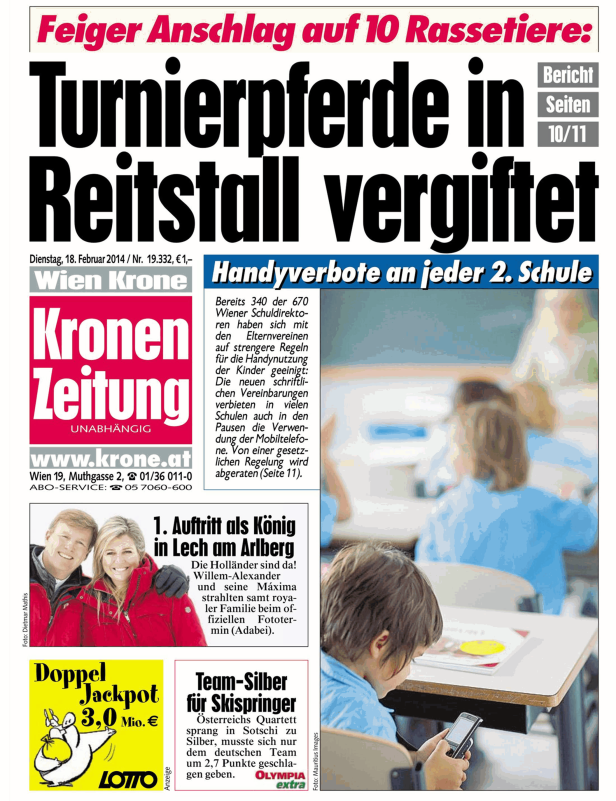 Titelseite der „Kronen Zeitung“ vom 18. Februar 2014 mit Artikeln zu verschiedenen Themen.