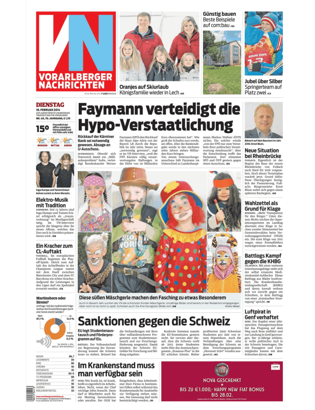 Eine Zeitungsseite der Vorarlberger Nachrichten mit verschiedenen Artikeln und Bildern.