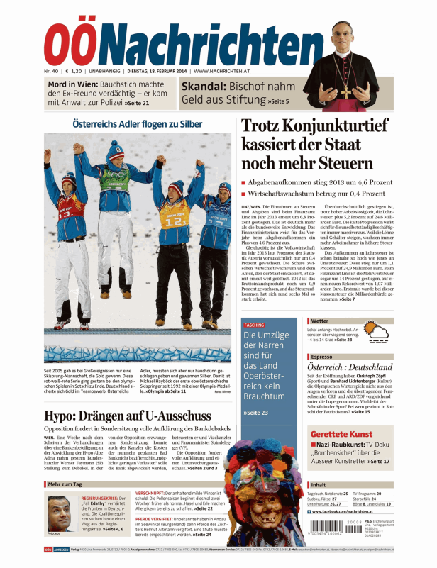Österreichische Skispringer feiern bei den Olympischen Spielen in Sotschi den Gewinn der Silbermedaille.