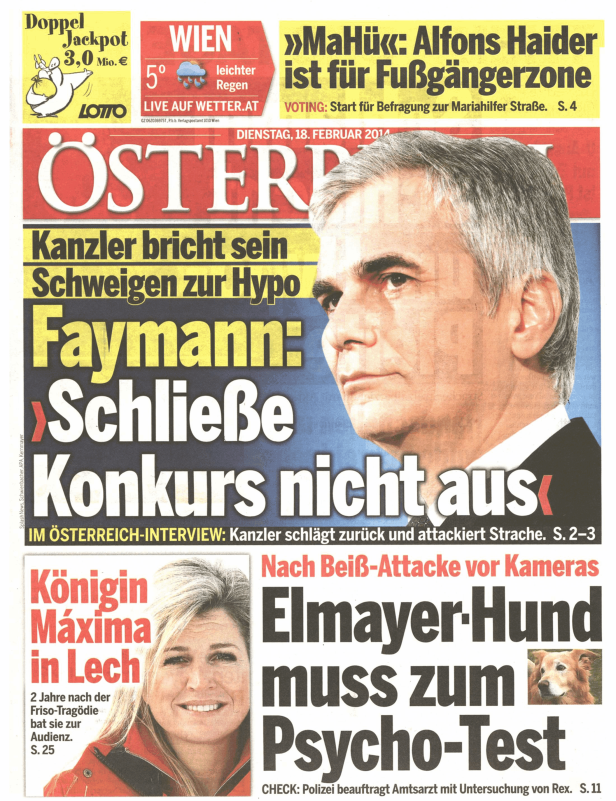 Titelseite der Zeitung „Österreich“ vom 18. Februar 2014 mit Bundeskanzler Werner Faymann.