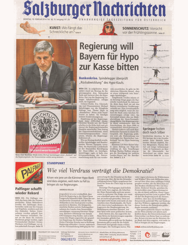 Titelseite der Salzburger Nachrichten vom 18. Februar 2014.