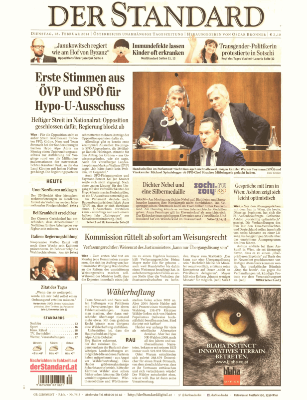 Titelseite der Zeitung „Der Standard“ vom 18. Februar 2014.