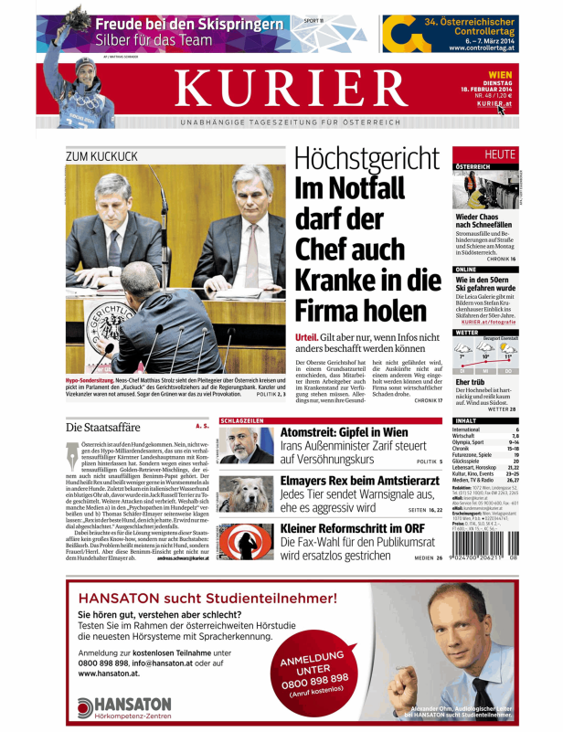 Titelseite des Kurier vom 18. Februar 2014 mit Nachrichten und Artikeln.