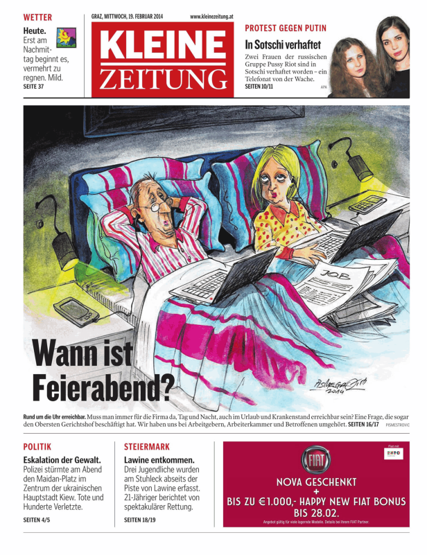 Eine Karikatur zeigt ein Paar, das im Bett liegt und mit Laptops arbeitet; das Titelthema ist „Wann ist Feierabend?".