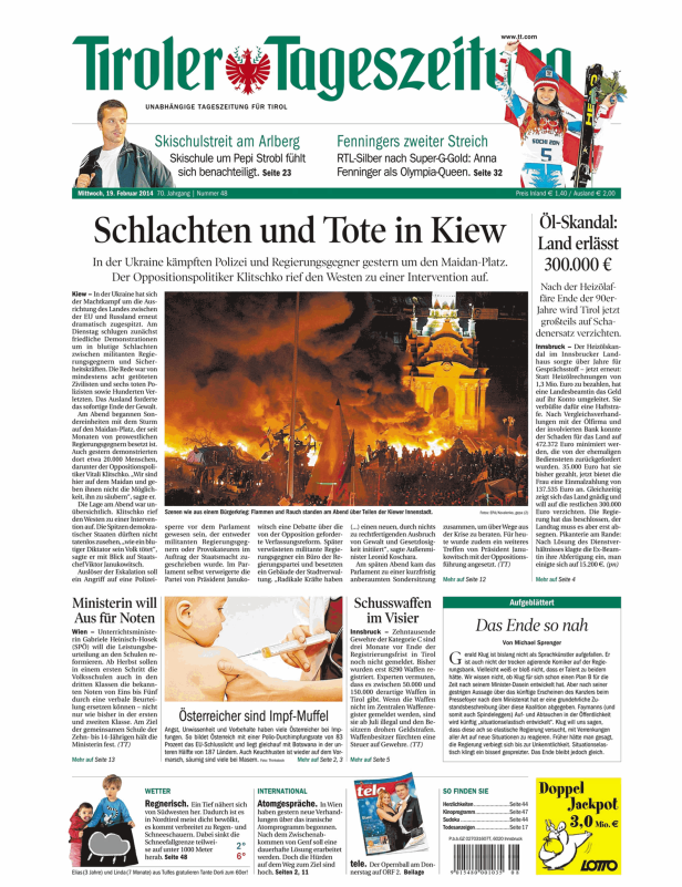 Titelseite der Tiroler Tageszeitung vom 19. Februar 2014 mit Berichten über die Ukraine, Ski Alpin und Innenpolitik.