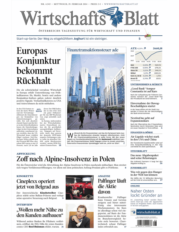Titelseite des Wirtschaftsblatt vom 19. Februar 2014.