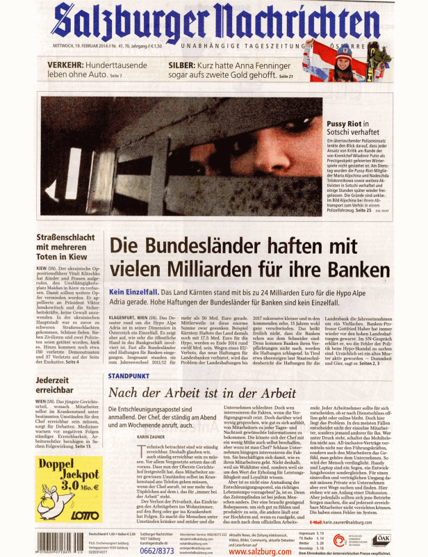 Titelseite der Salzburger Nachrichten vom 19. Februar 2014.