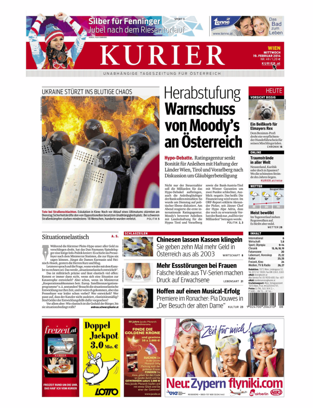 Titelseite des Kurier vom 19. Februar 2014.
