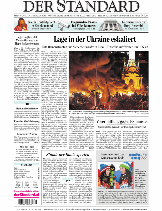 Demonstrationen und Zusammenstöße in Kiew im Februar 2014, berichtet in der Zeitung „Der Standard“.