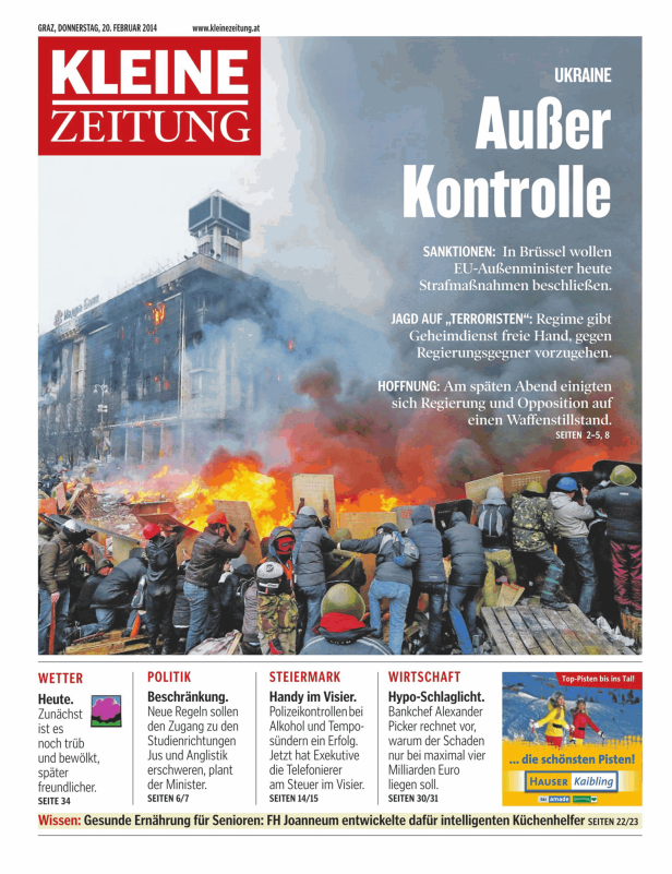 Titelseite der Kleinen Zeitung vom 20. Februar 2014 mit einem Bericht über Unruhen in der Ukraine.