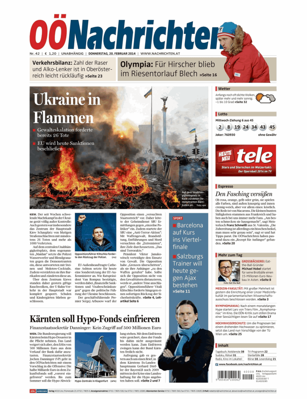 Titelseite der OÖNachrichten vom 20. Februar 2014 mit dem Titel „Ukraine in Flammen“.