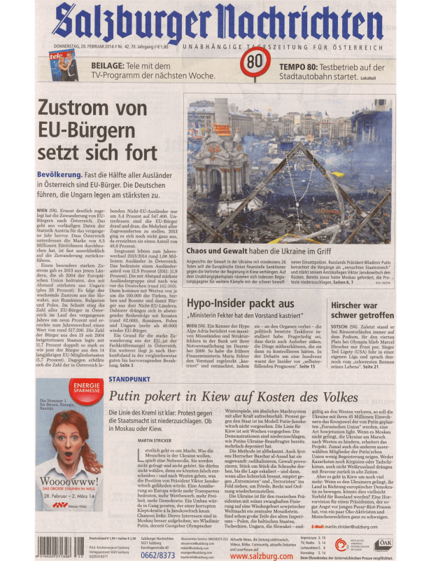 Titelseite der Salzburger Nachrichten vom 20. Februar 2014.