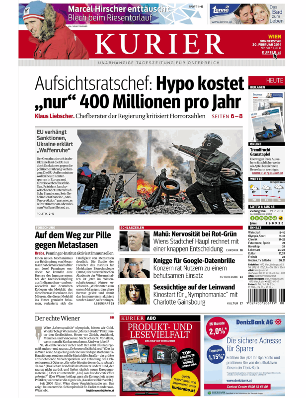 Titelseite der Zeitung „Kurier“ vom 20. Februar 2014.