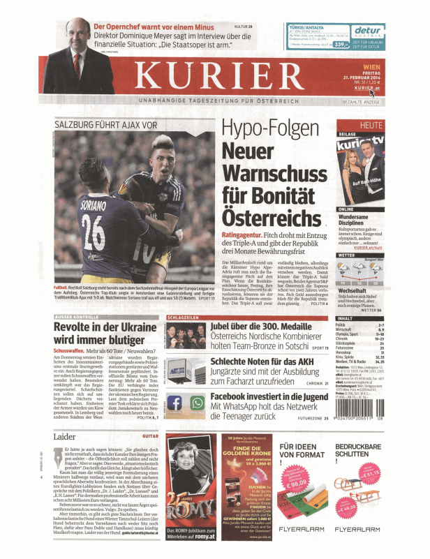 Ein Zeitungsartikel des Kurier vom 21. Februar 2014 mit dem Titel „Salzburg führt Ajax vor“.