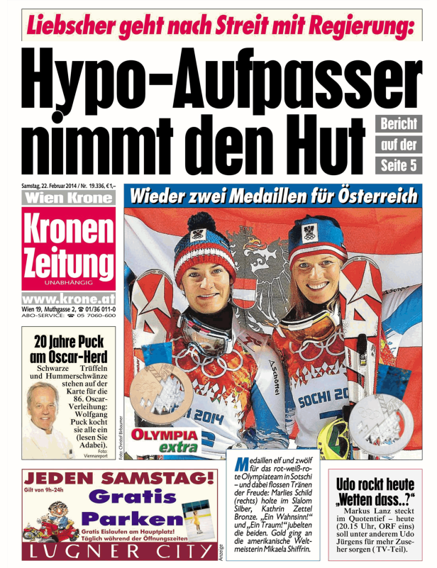Titelseite der Kronen Zeitung vom 22. Februar 2014 mit Bericht über Medaillen für Österreich in Sotschi.