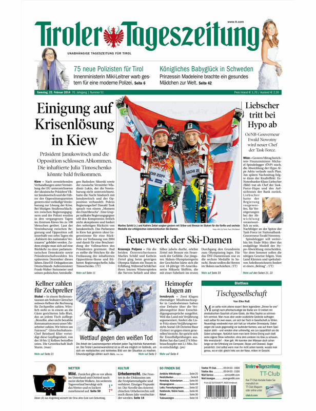 Titelseite der Tiroler Tageszeitung vom 22. Februar 2014.