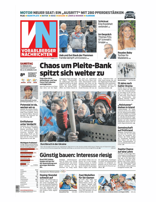 Titelseite der Vorarlberger Nachrichten vom 22. Februar 2014 mit verschiedenen Artikeln.