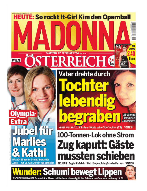 Titelseite der Zeitschrift „Madonna“ vom 22. Februar 2014 mit Meldungen zu Olympia, Kim Kardashian und Michael Schumacher.