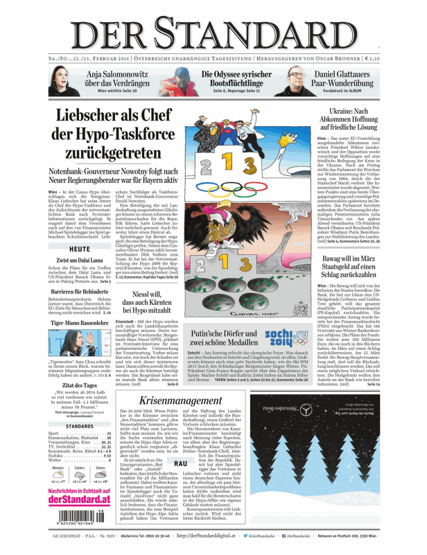 Karikatur in der Zeitung „Der Standard“ zeigt einen Siegerpodest mit Geld, einem Geier und dem olympischen Feuer.