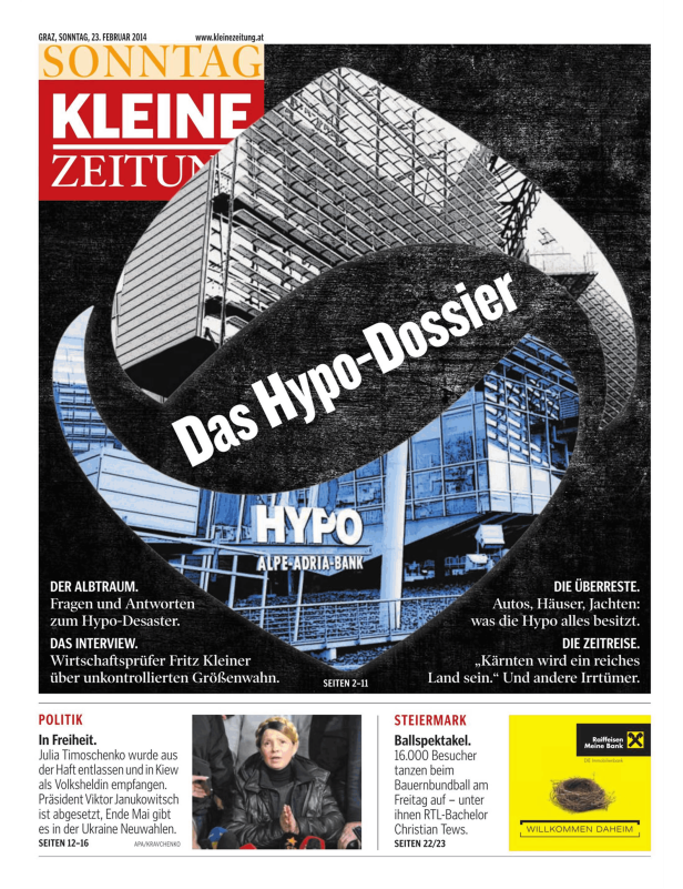 Titelseite der „Kleinen Zeitung“ vom 23. Februar 2014 mit dem Titelthema „Das Hypo-Dossier“.