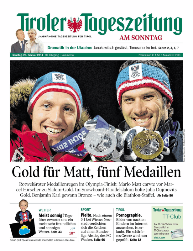 Titelseite der Tiroler Tageszeitung mit einem Artikel über Medaillengewinne bei Olympia.