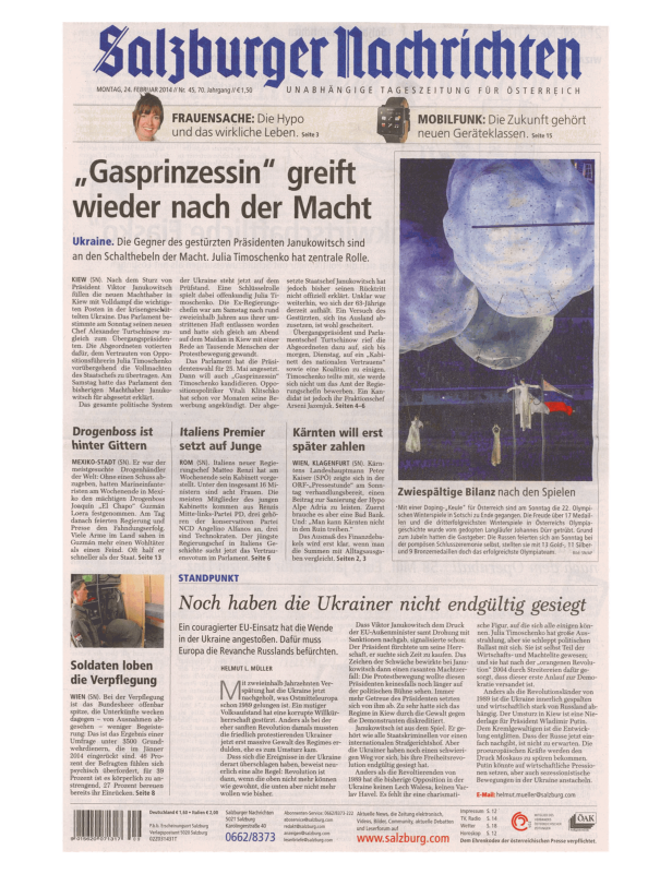 Titelseite der Salzburger Nachrichten vom 24. Februar 2014 mit Berichten über die Ukraine und Julia Timoschenko.