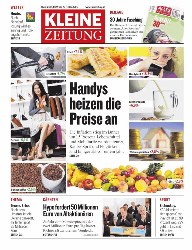 Titelseite der Kleinen Zeitung vom 25. Februar 2014 mit dem Titel „Handys heizen die Preise an“.