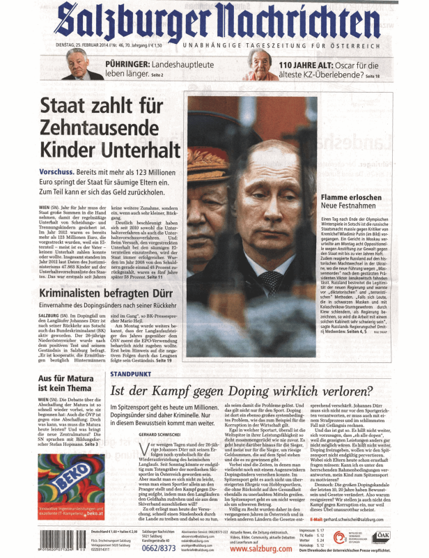 Titelseite der „Salzburger Nachrichten“ vom 25. Februar 2014.