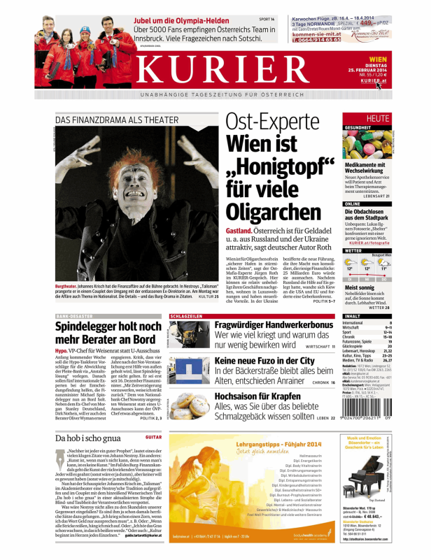 Titelseite der österreichischen Tageszeitung Kurier vom 25. Februar 2014.
