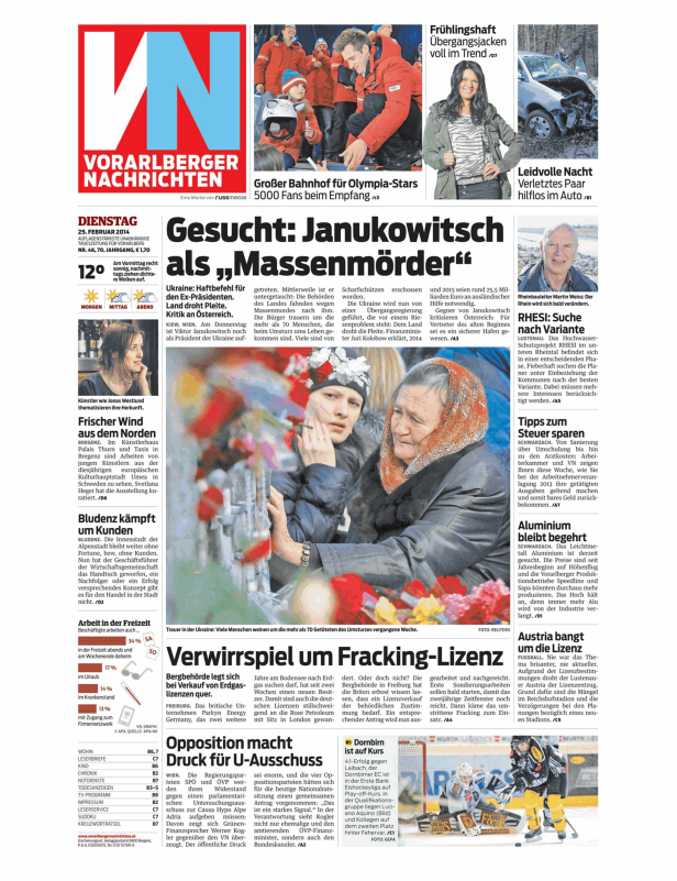 Titelseite der Vorarlberger Nachrichten vom 25. Februar 2014.