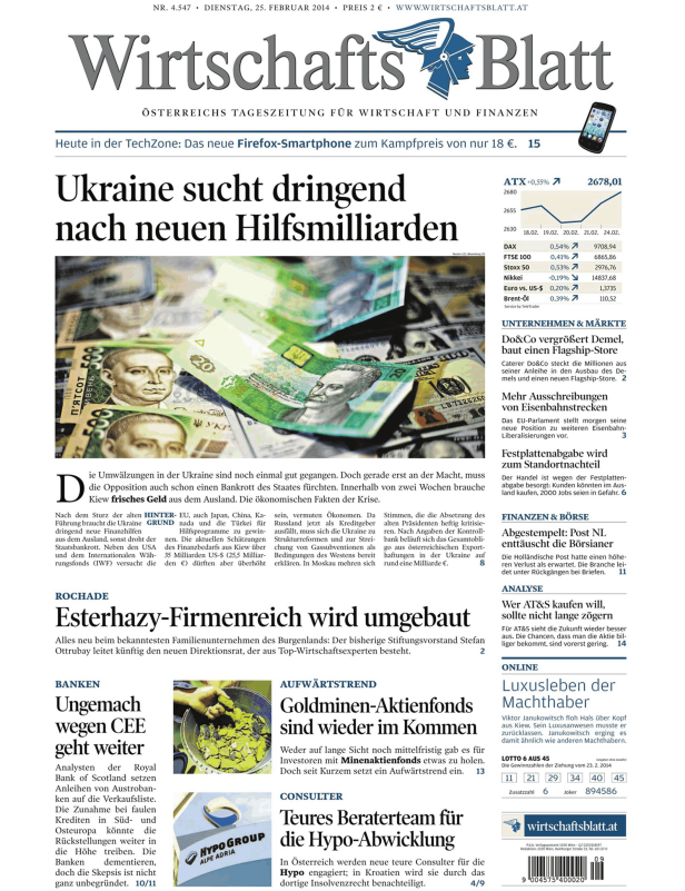 Eine Titelseite des Wirtschaftsblatt vom 25. Februar 2014 mit der Schlagzeile „Ukraine sucht dringend nach neuen Hilfsmilliarden“.