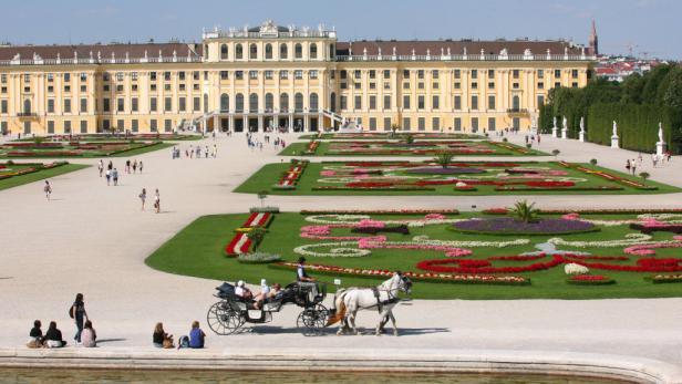 Schloss Schönbrunn in Wien mit einem Blumengarten und einer Pferdekutsche im Vordergrund.