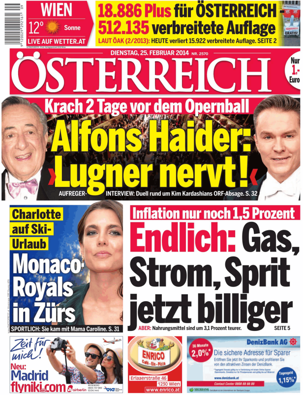 Titelseite der österreichischen Zeitung „Österreich“ vom 25. Februar 2014.