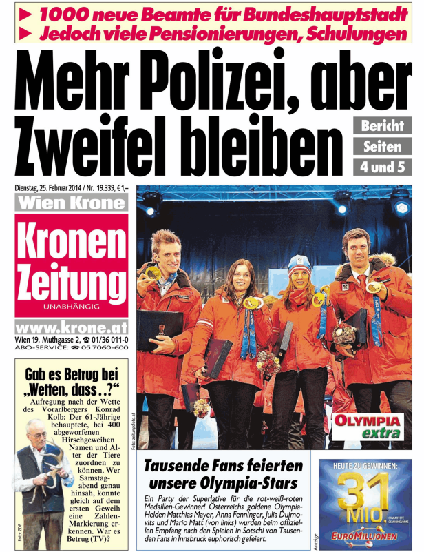 Die österreichischen Olympia-Stars Matthias Mayer, Anna Fenninger, Julia Dujmovits und Mario Matt feiern ihren Empfang in Innsbruck.