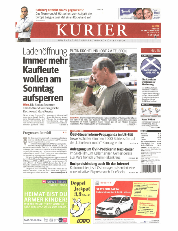 Wladimir Putin telefoniert in einem Artikel des Kurier vom 19. September 2014.