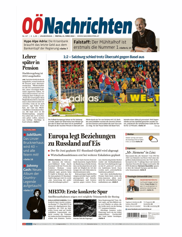 Titelseite der OÖNachrichten vom 21. März 2014 mit Nachrichten zu Sport, Politik und Wirtschaft.