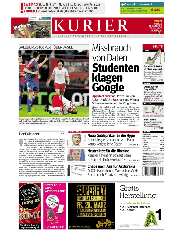 Titelseite der Zeitung „Kurier“ vom 21. März 2014.